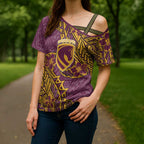 Personalised Brisbane Broncos Cross Shoulder Shirt Polynesian Tribal Pattern With Rugby Horse Mascot Art