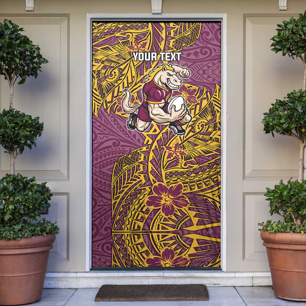 Personalised Brisbane Broncos Door Cover Polynesian Tribal Pattern With Rugby Horse Mascot Art