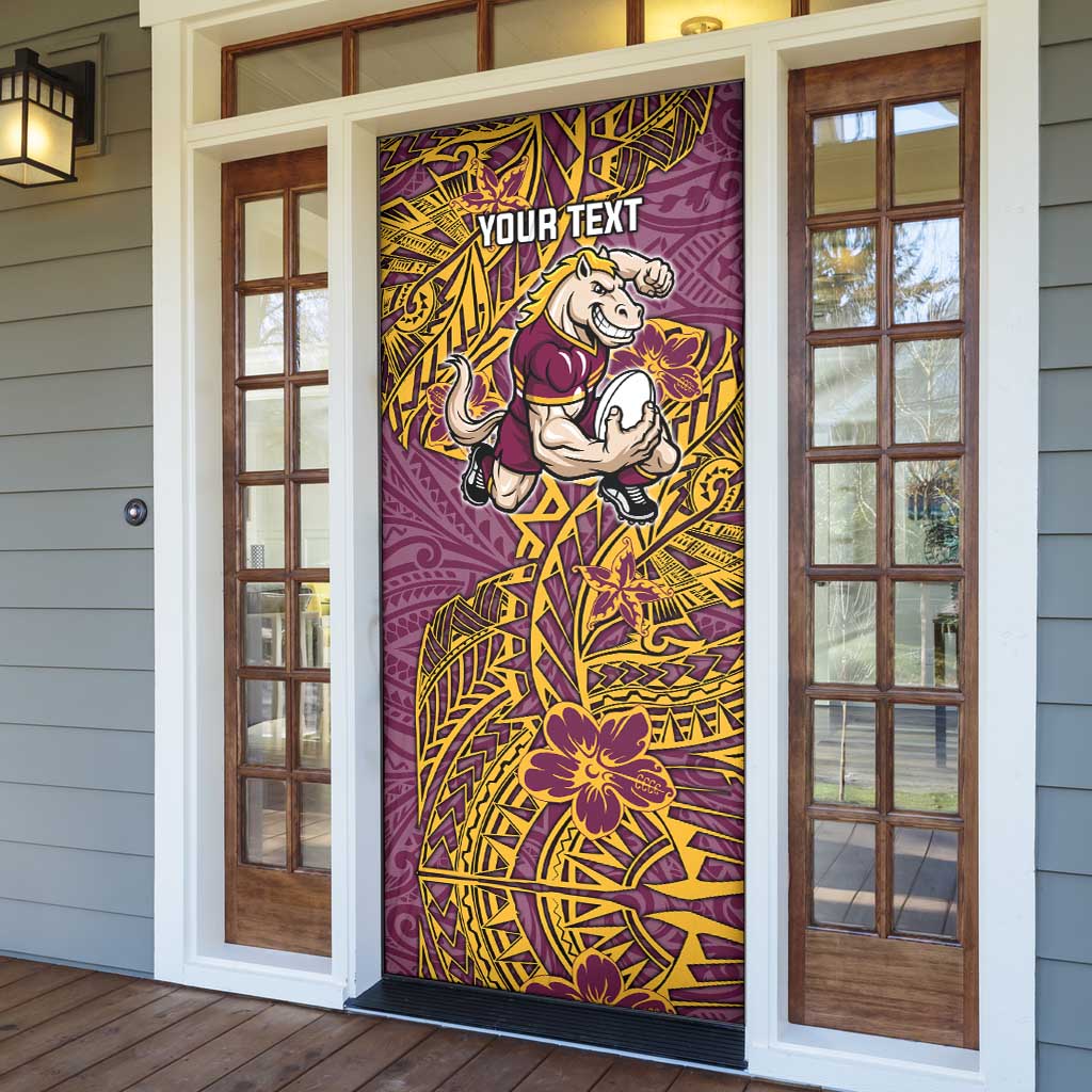 Personalised Brisbane Broncos Door Cover Polynesian Tribal Pattern With Rugby Horse Mascot Art