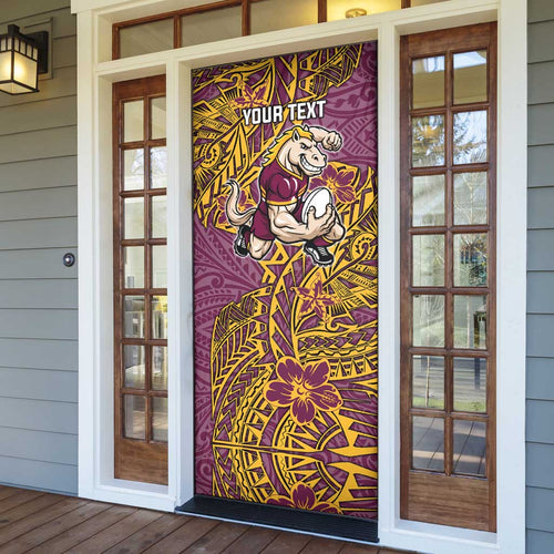 Personalised Brisbane Broncos Door Cover Polynesian Tribal Pattern With Rugby Horse Mascot Art