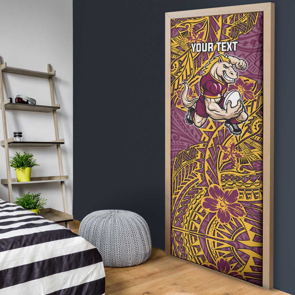 Personalised Brisbane Broncos Door Cover Polynesian Tribal Pattern With Rugby Horse Mascot Art