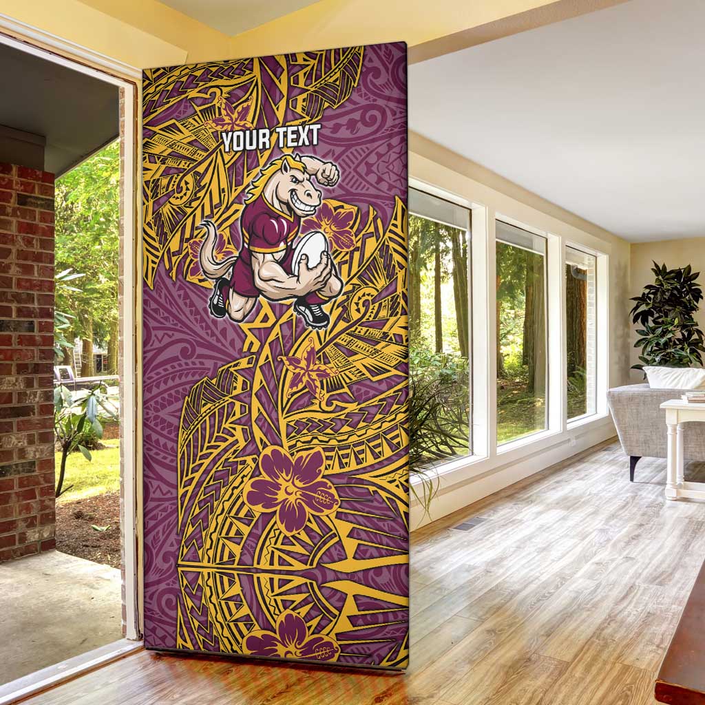 Personalised Brisbane Broncos Door Cover Polynesian Tribal Pattern With Rugby Horse Mascot Art