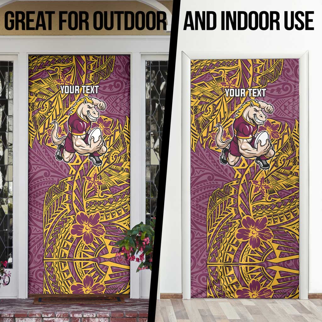 Personalised Brisbane Broncos Door Cover Polynesian Tribal Pattern With Rugby Horse Mascot Art