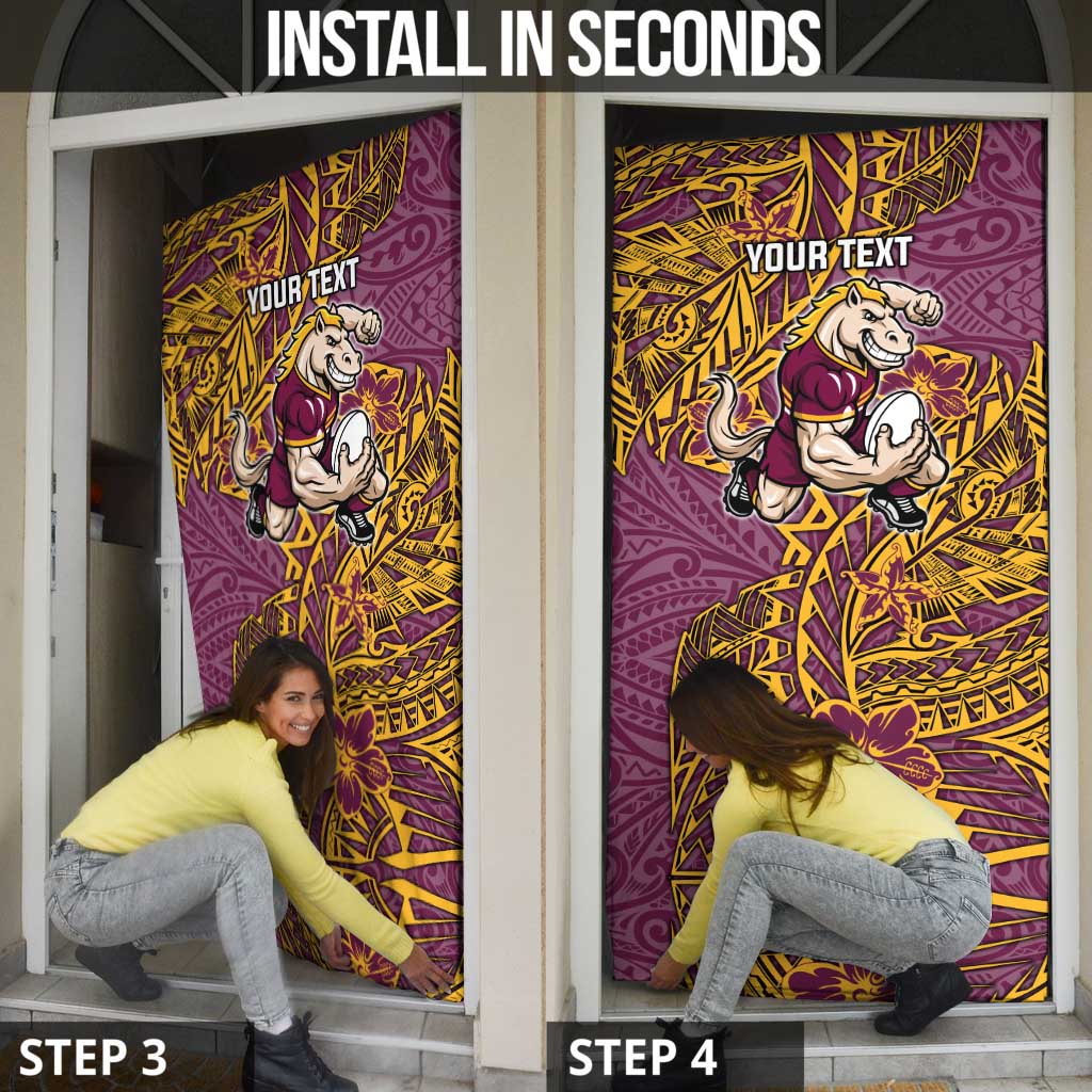 Personalised Brisbane Broncos Door Cover Polynesian Tribal Pattern With Rugby Horse Mascot Art