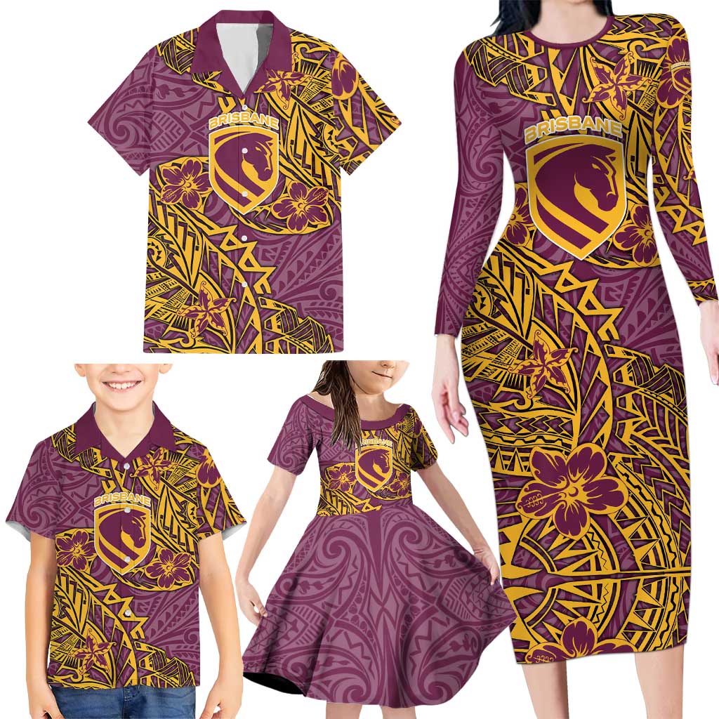 Personalised Brisbane Broncos Family Matching Long Sleeve Bodycon Dress and Hawaiian Shirt Polynesian Tribal Pattern With Rugby Horse Mascot Art