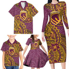Personalised Brisbane Broncos Family Matching Long Sleeve Bodycon Dress and Hawaiian Shirt Polynesian Tribal Pattern With Rugby Horse Mascot Art
