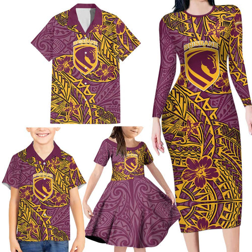Personalised Brisbane Broncos Family Matching Long Sleeve Bodycon Dress and Hawaiian Shirt Polynesian Tribal Pattern With Rugby Horse Mascot Art