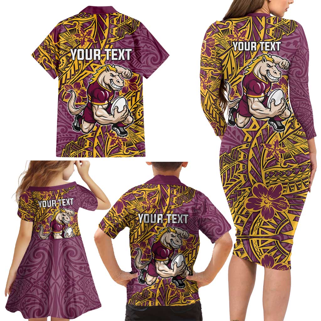 Personalised Brisbane Broncos Family Matching Long Sleeve Bodycon Dress and Hawaiian Shirt Polynesian Tribal Pattern With Rugby Horse Mascot Art