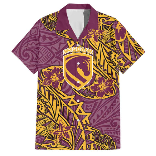 Personalised Brisbane Broncos Family Matching Long Sleeve Bodycon Dress and Hawaiian Shirt Polynesian Tribal Pattern With Rugby Horse Mascot Art