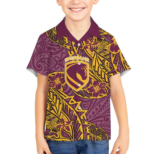 Personalised Brisbane Broncos Family Matching Long Sleeve Bodycon Dress and Hawaiian Shirt Polynesian Tribal Pattern With Rugby Horse Mascot Art