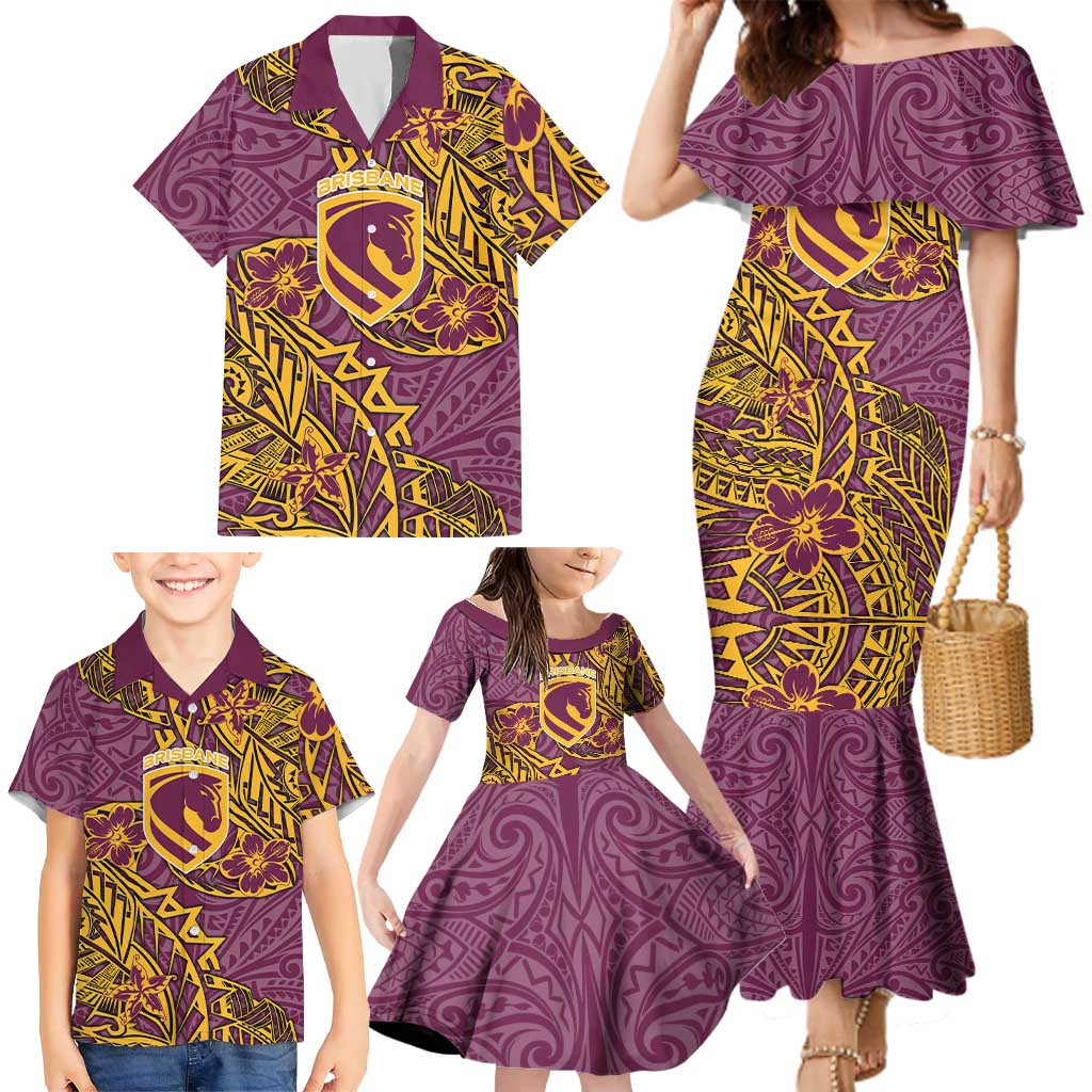 Personalised Brisbane Broncos Family Matching Mermaid Dress and Hawaiian Shirt Polynesian Tribal Pattern With Rugby Horse Mascot Art