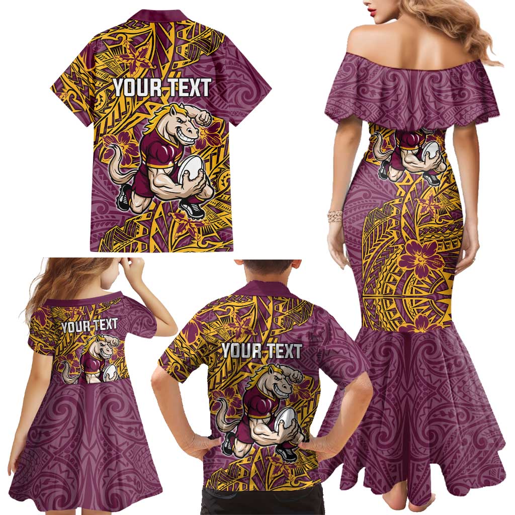 Personalised Brisbane Broncos Family Matching Mermaid Dress and Hawaiian Shirt Polynesian Tribal Pattern With Rugby Horse Mascot Art