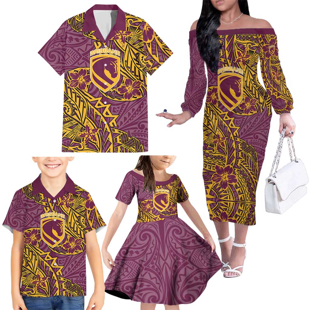 Personalised Brisbane Broncos Family Matching Off The Shoulder Long Sleeve Dress and Hawaiian Shirt Polynesian Tribal Pattern With Rugby Horse Mascot Art