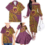 Personalised Brisbane Broncos Family Matching Off The Shoulder Long Sleeve Dress and Hawaiian Shirt Polynesian Tribal Pattern With Rugby Horse Mascot Art