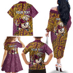 Personalised Brisbane Broncos Family Matching Off The Shoulder Long Sleeve Dress and Hawaiian Shirt Polynesian Tribal Pattern With Rugby Horse Mascot Art