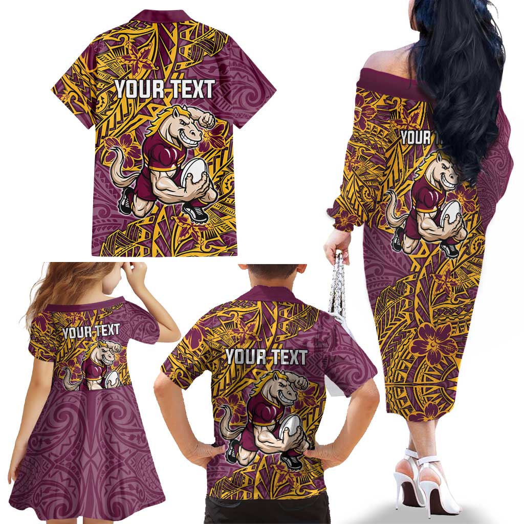 Personalised Brisbane Broncos Family Matching Off The Shoulder Long Sleeve Dress and Hawaiian Shirt Polynesian Tribal Pattern With Rugby Horse Mascot Art
