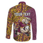 Personalised Brisbane Broncos Family Matching Off The Shoulder Long Sleeve Dress and Hawaiian Shirt Polynesian Tribal Pattern With Rugby Horse Mascot Art