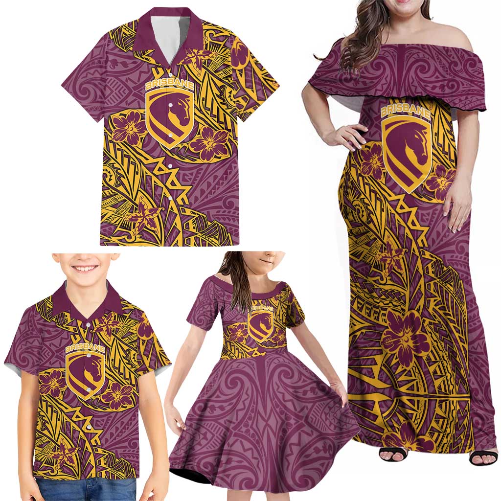 Personalised Brisbane Broncos Family Matching Off Shoulder Maxi Dress and Hawaiian Shirt Polynesian Tribal Pattern With Rugby Horse Mascot Art