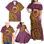 Personalised Brisbane Broncos Family Matching Off Shoulder Maxi Dress and Hawaiian Shirt Polynesian Tribal Pattern With Rugby Horse Mascot Art