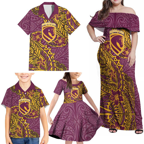 Personalised Brisbane Broncos Family Matching Off Shoulder Maxi Dress and Hawaiian Shirt Polynesian Tribal Pattern With Rugby Horse Mascot Art