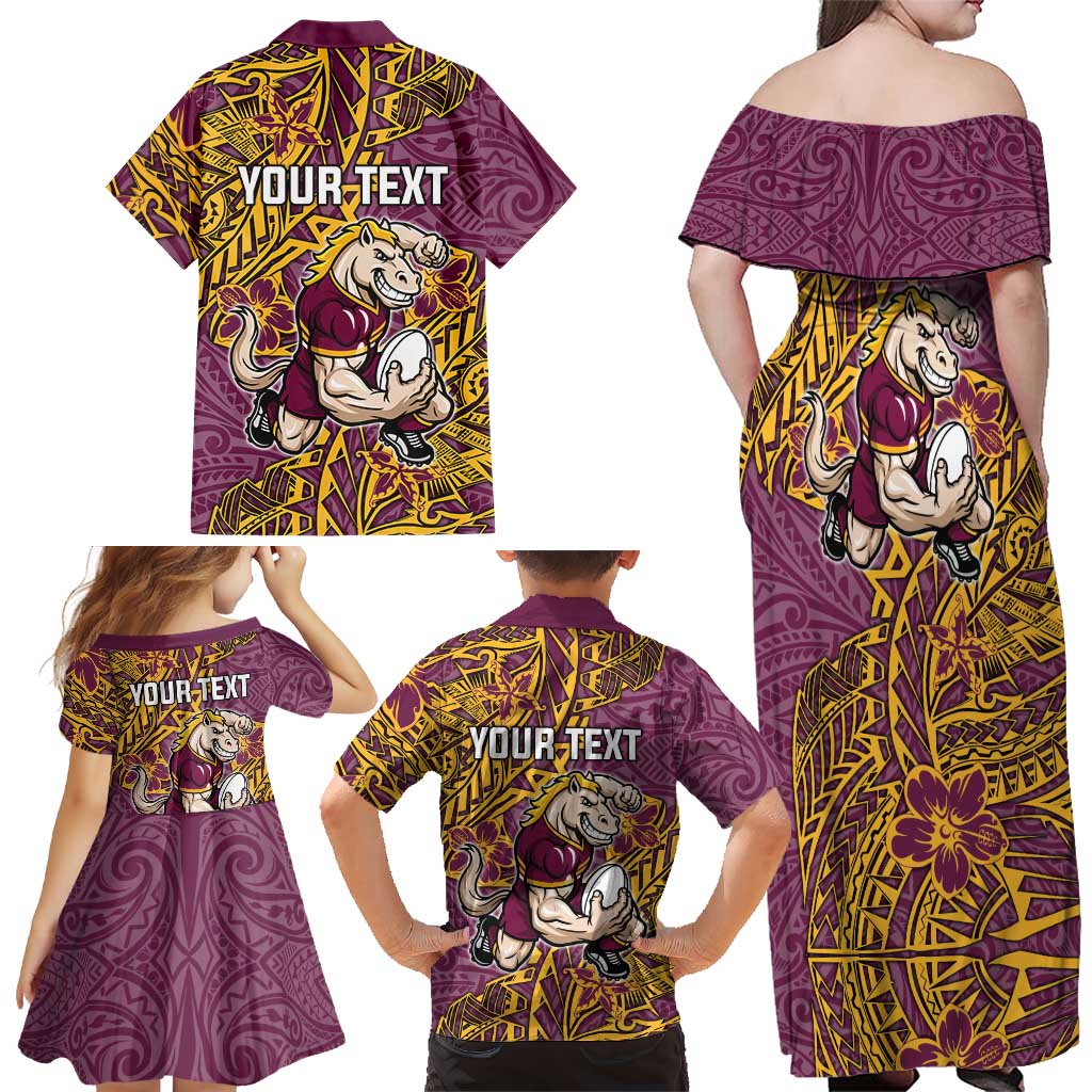 Personalised Brisbane Broncos Family Matching Off Shoulder Maxi Dress and Hawaiian Shirt Polynesian Tribal Pattern With Rugby Horse Mascot Art