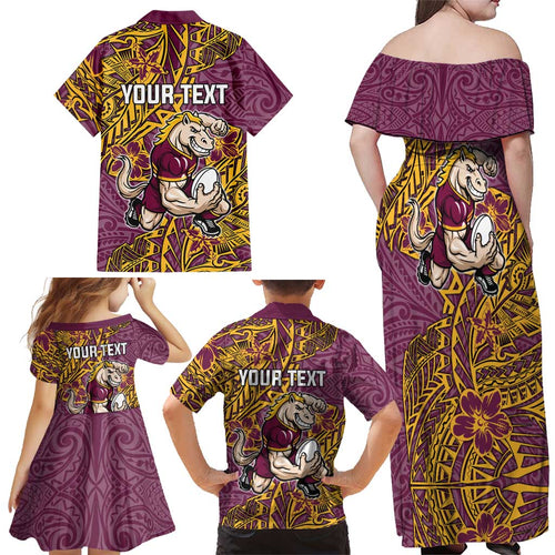Personalised Brisbane Broncos Family Matching Off Shoulder Maxi Dress and Hawaiian Shirt Polynesian Tribal Pattern With Rugby Horse Mascot Art