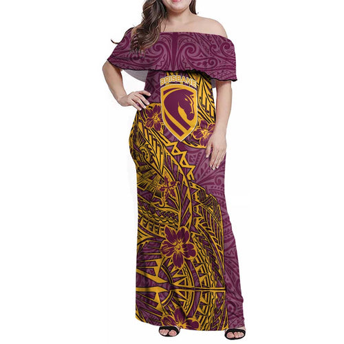 Personalised Brisbane Broncos Family Matching Off Shoulder Maxi Dress and Hawaiian Shirt Polynesian Tribal Pattern With Rugby Horse Mascot Art