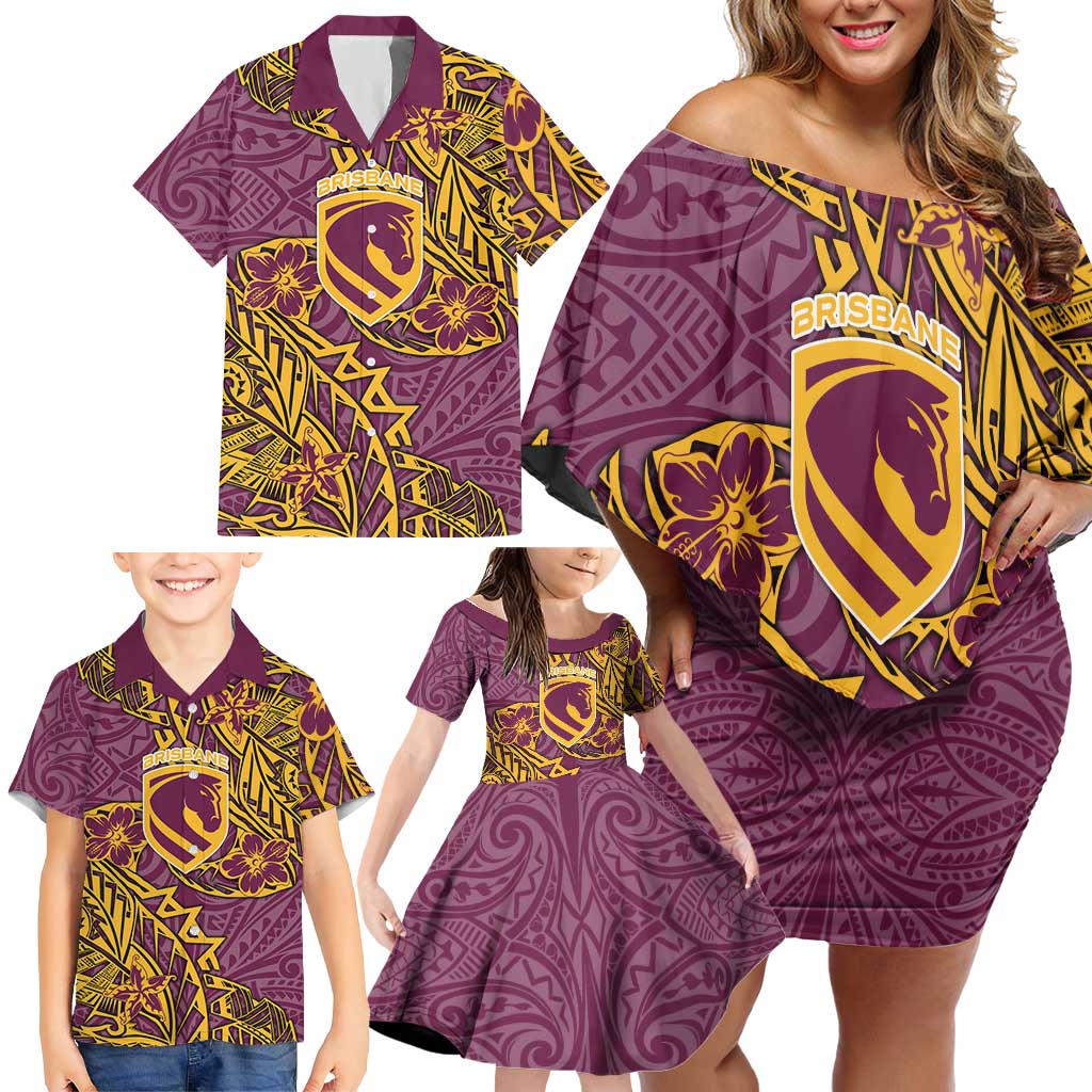 Personalised Brisbane Broncos Family Matching Off Shoulder Short Dress and Hawaiian Shirt Polynesian Tribal Pattern With Rugby Horse Mascot Art