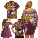 Personalised Brisbane Broncos Family Matching Off Shoulder Short Dress and Hawaiian Shirt Polynesian Tribal Pattern With Rugby Horse Mascot Art
