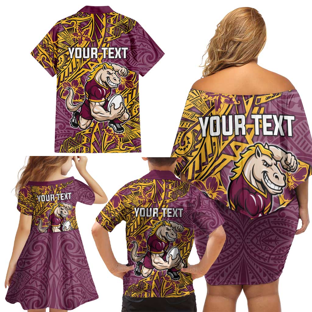 Personalised Brisbane Broncos Family Matching Off Shoulder Short Dress and Hawaiian Shirt Polynesian Tribal Pattern With Rugby Horse Mascot Art