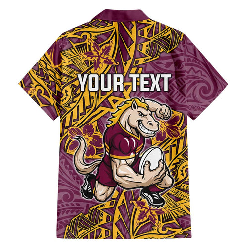 Personalised Brisbane Broncos Family Matching Off Shoulder Short Dress and Hawaiian Shirt Polynesian Tribal Pattern With Rugby Horse Mascot Art
