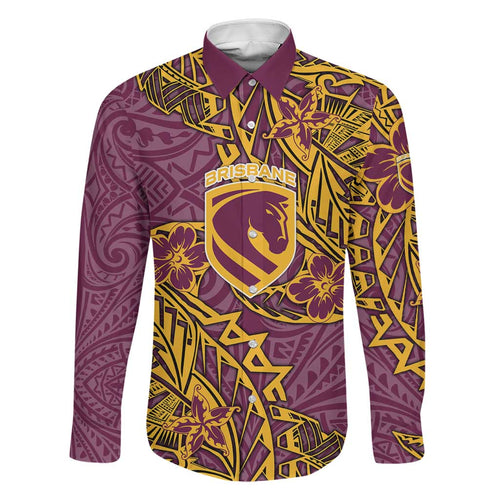 Personalised Brisbane Broncos Family Matching Off Shoulder Short Dress and Hawaiian Shirt Polynesian Tribal Pattern With Rugby Horse Mascot Art