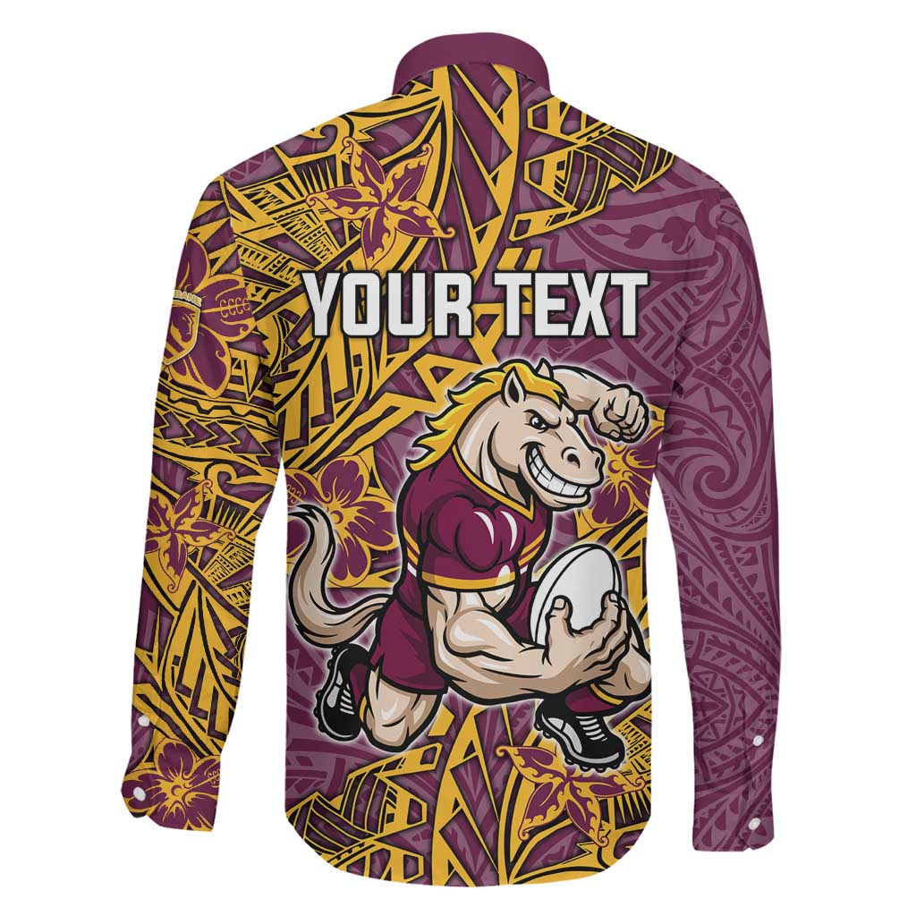Personalised Brisbane Broncos Family Matching Off Shoulder Short Dress and Hawaiian Shirt Polynesian Tribal Pattern With Rugby Horse Mascot Art