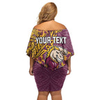 Personalised Brisbane Broncos Family Matching Off Shoulder Short Dress and Hawaiian Shirt Polynesian Tribal Pattern With Rugby Horse Mascot Art