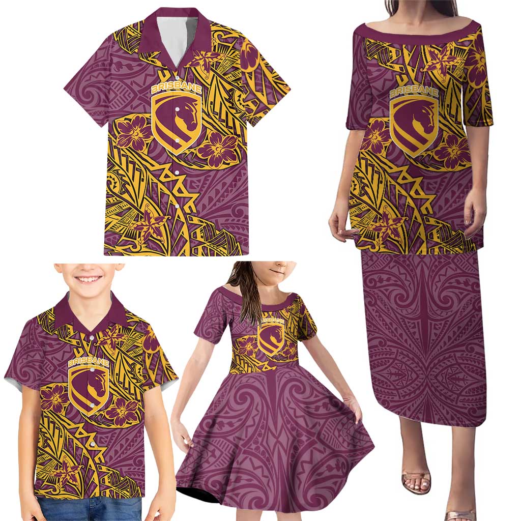 Personalised Brisbane Broncos Family Matching Puletasi and Hawaiian Shirt Polynesian Tribal Pattern With Rugby Horse Mascot Art