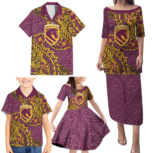 Personalised Brisbane Broncos Family Matching Puletasi and Hawaiian Shirt Polynesian Tribal Pattern With Rugby Horse Mascot Art
