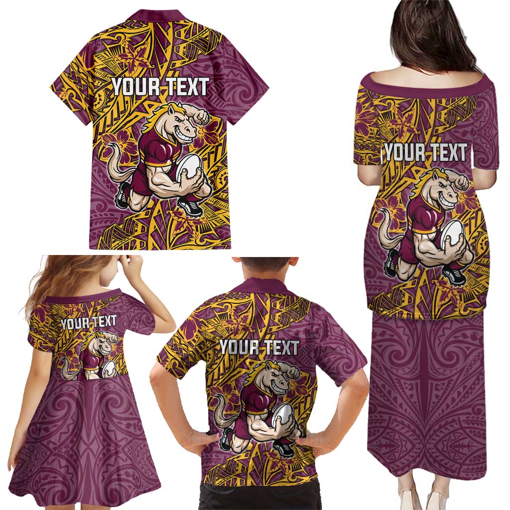 Personalised Brisbane Broncos Family Matching Puletasi and Hawaiian Shirt Polynesian Tribal Pattern With Rugby Horse Mascot Art