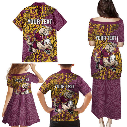 Personalised Brisbane Broncos Family Matching Puletasi and Hawaiian Shirt Polynesian Tribal Pattern With Rugby Horse Mascot Art