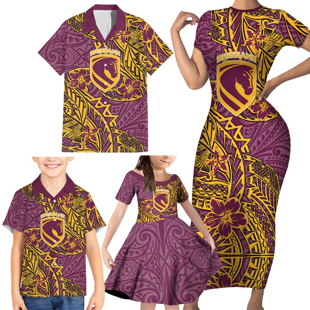 Personalised Brisbane Broncos Family Matching Short Sleeve Bodycon Dress and Hawaiian Shirt Polynesian Tribal Pattern With Rugby Horse Mascot Art