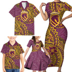 Personalised Brisbane Broncos Family Matching Short Sleeve Bodycon Dress and Hawaiian Shirt Polynesian Tribal Pattern With Rugby Horse Mascot Art