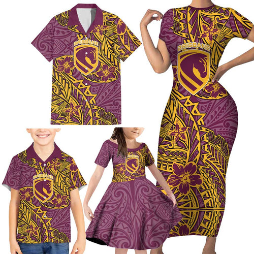 Personalised Brisbane Broncos Family Matching Short Sleeve Bodycon Dress and Hawaiian Shirt Polynesian Tribal Pattern With Rugby Horse Mascot Art