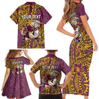 Personalised Brisbane Broncos Family Matching Short Sleeve Bodycon Dress and Hawaiian Shirt Polynesian Tribal Pattern With Rugby Horse Mascot Art