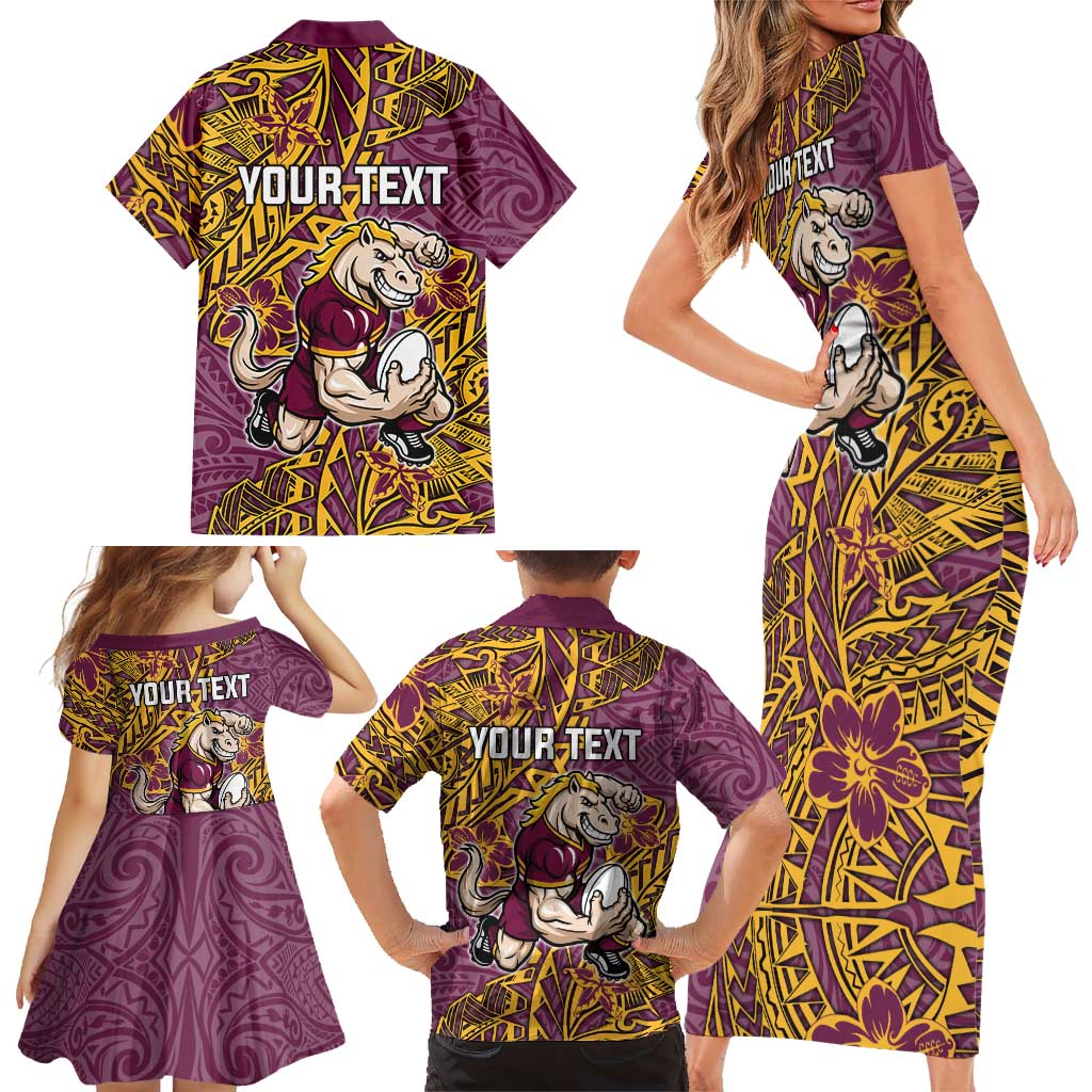 Personalised Brisbane Broncos Family Matching Short Sleeve Bodycon Dress and Hawaiian Shirt Polynesian Tribal Pattern With Rugby Horse Mascot Art