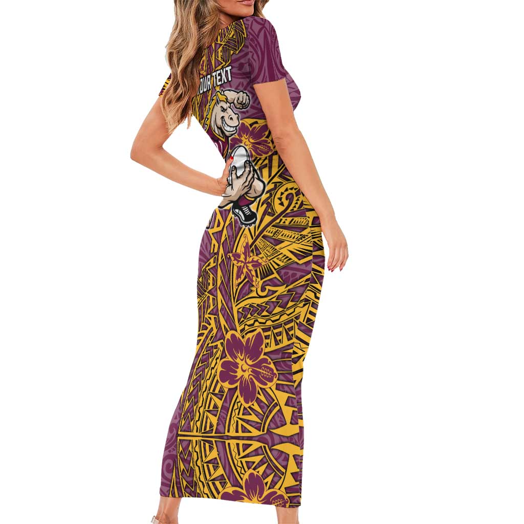 Personalised Brisbane Broncos Family Matching Short Sleeve Bodycon Dress and Hawaiian Shirt Polynesian Tribal Pattern With Rugby Horse Mascot Art