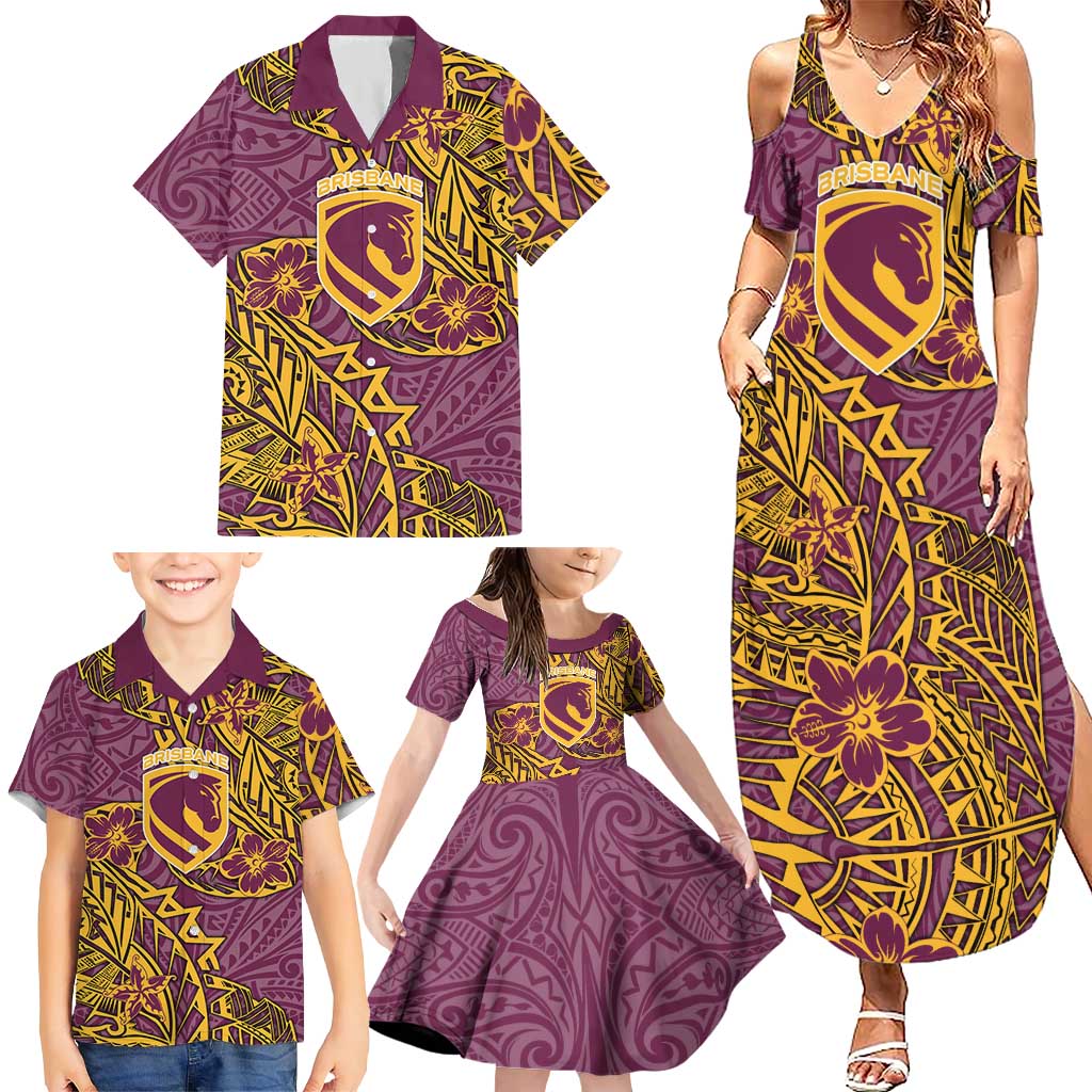 Personalised Brisbane Broncos Family Matching Summer Maxi Dress and Hawaiian Shirt Polynesian Tribal Pattern With Rugby Horse Mascot Art