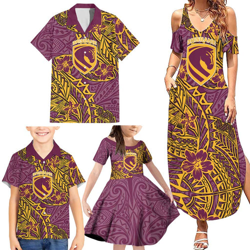Personalised Brisbane Broncos Family Matching Summer Maxi Dress and Hawaiian Shirt Polynesian Tribal Pattern With Rugby Horse Mascot Art