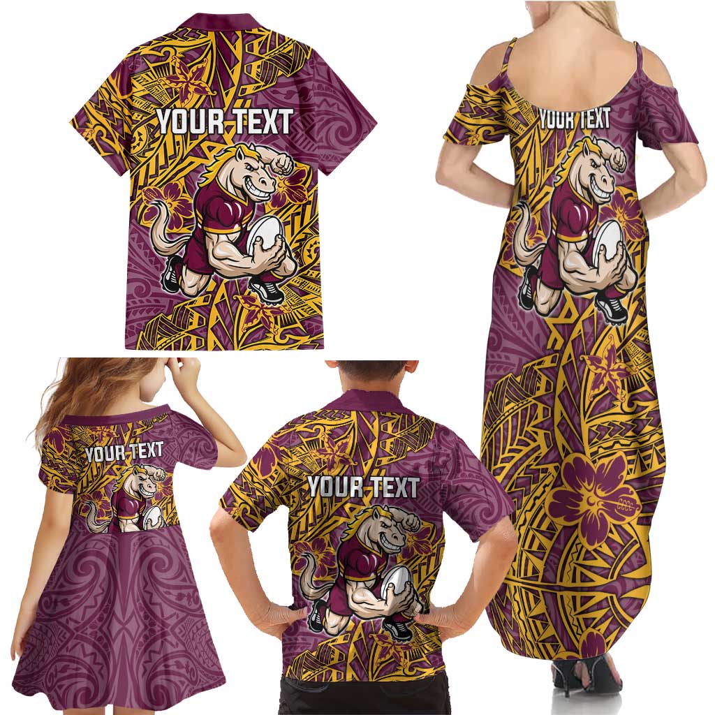 Personalised Brisbane Broncos Family Matching Summer Maxi Dress and Hawaiian Shirt Polynesian Tribal Pattern With Rugby Horse Mascot Art