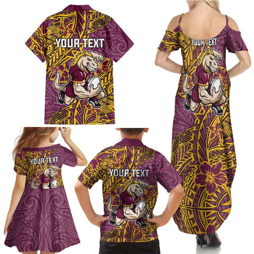 Personalised Brisbane Broncos Family Matching Summer Maxi Dress and Hawaiian Shirt Polynesian Tribal Pattern With Rugby Horse Mascot Art