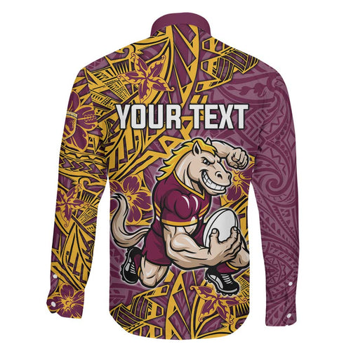 Personalised Brisbane Broncos Family Matching Summer Maxi Dress and Hawaiian Shirt Polynesian Tribal Pattern With Rugby Horse Mascot Art