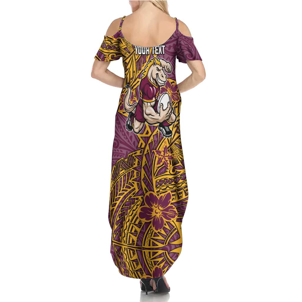 Personalised Brisbane Broncos Family Matching Summer Maxi Dress and Hawaiian Shirt Polynesian Tribal Pattern With Rugby Horse Mascot Art